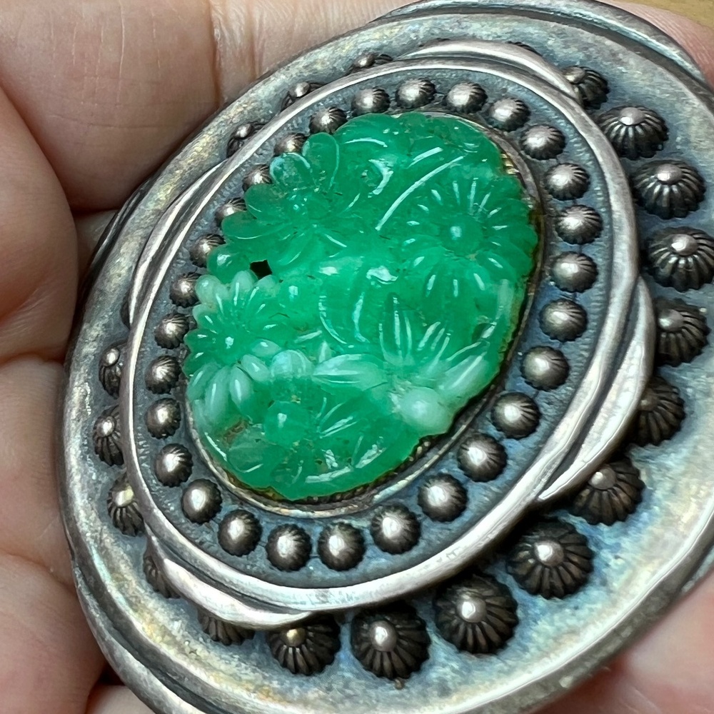VINTAGE CHINESE EXPORT STERLING CARVED PEKING GLASS STATEMENT PENDANT PIN BROOCH - Picture 9 of 16